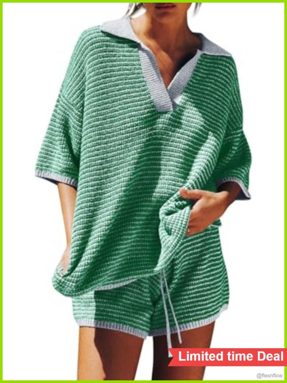 Womens 2 Piece Sweater Set 3/4 Sleeve V Neck Top Shorts Lounge Set